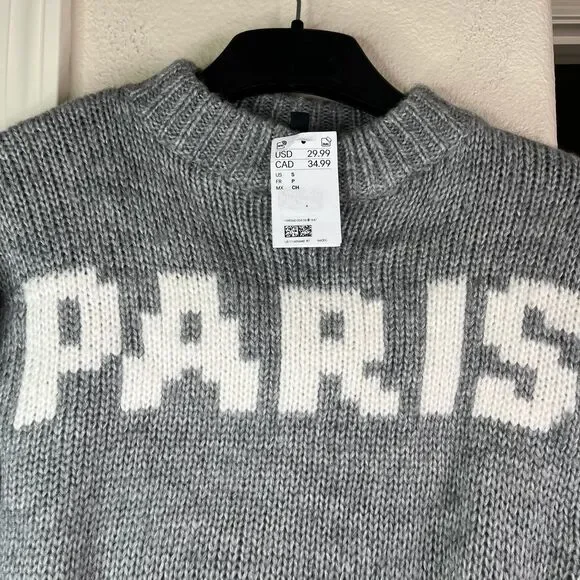 Paris Graphic Cropped Long Sleeve Sweater Women’s Grey Size Small #594 - Picture 4 of 12